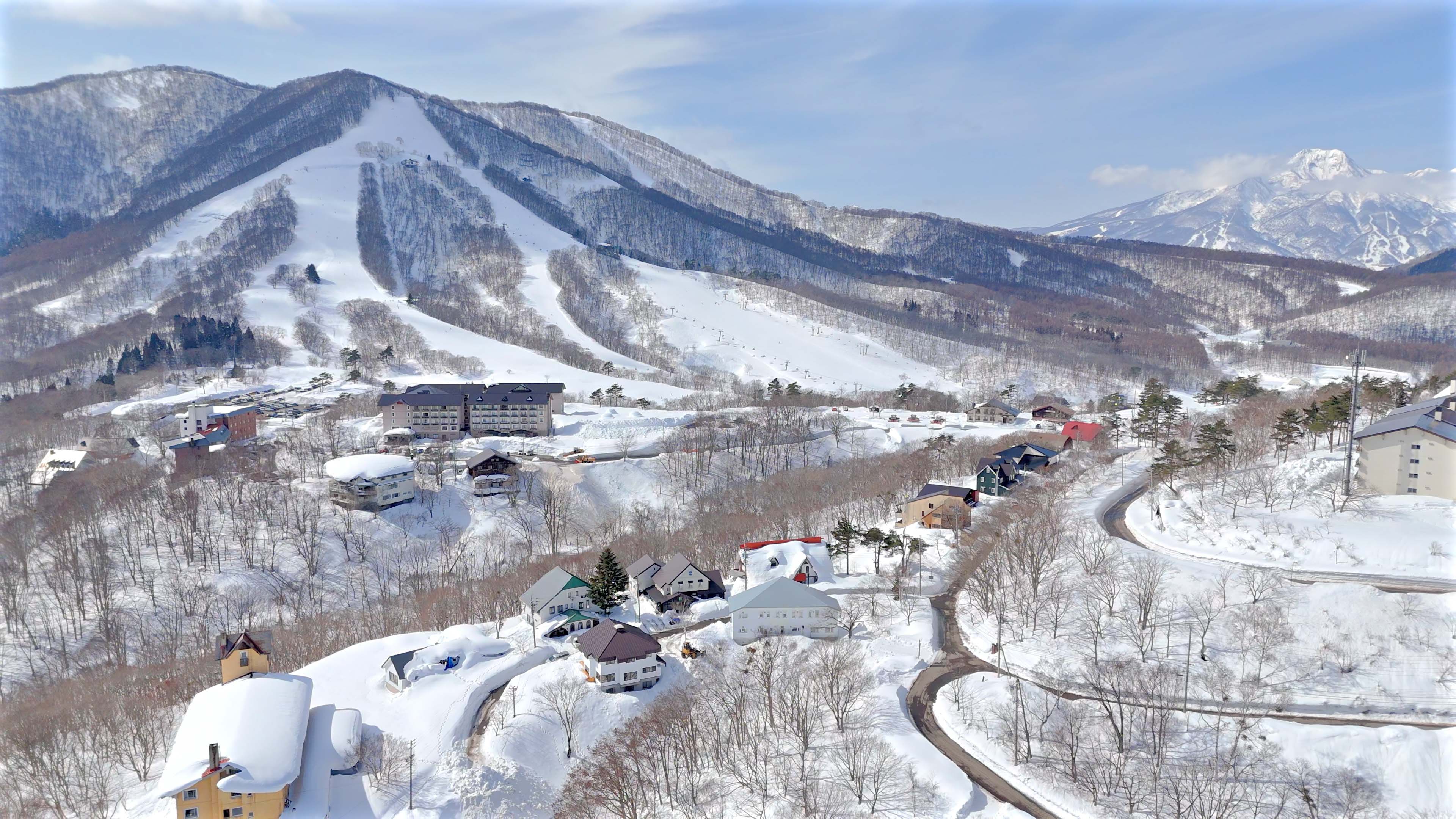 Aerial view of snowy resort village near Myoko Kogen
