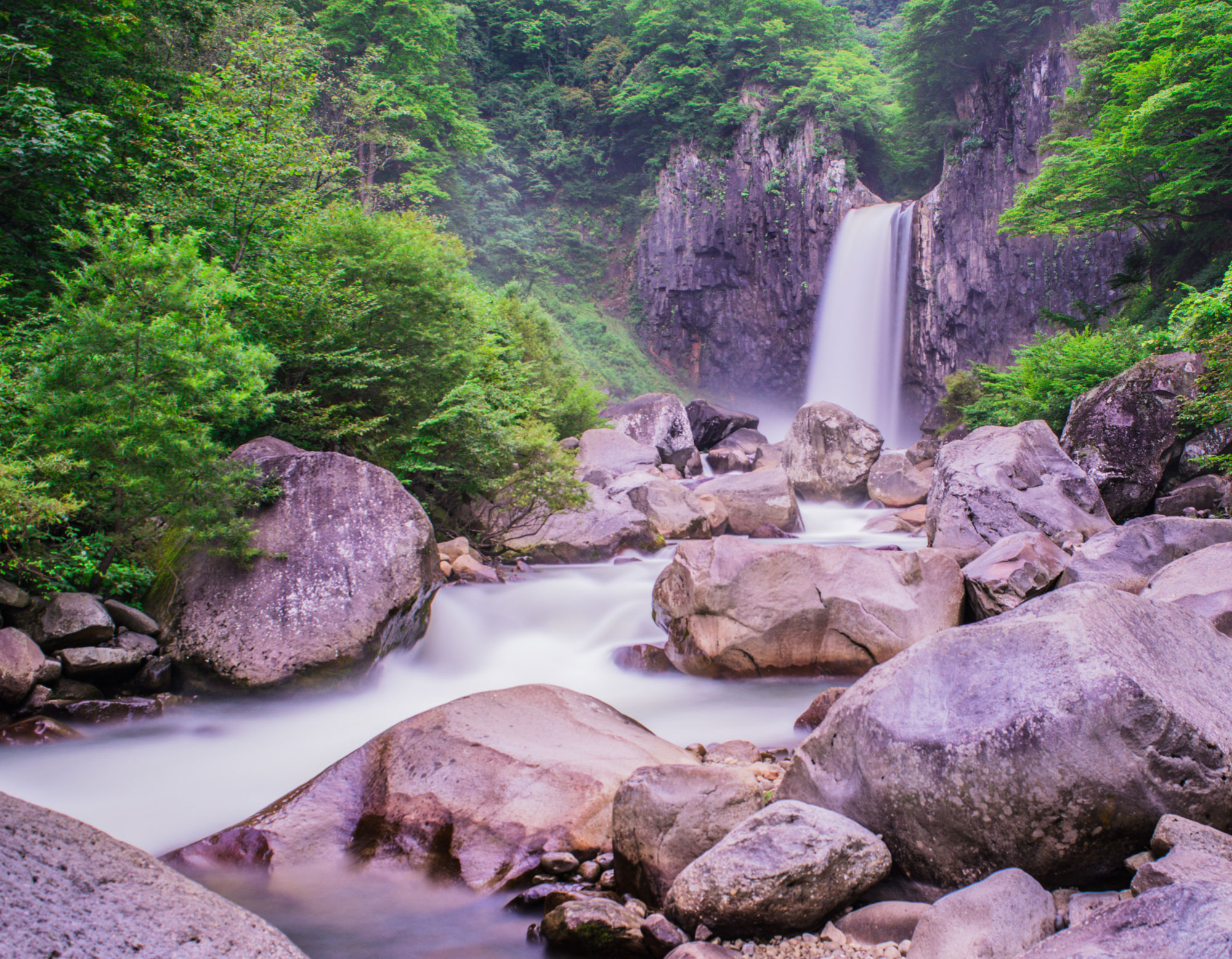 Naena Falls cascading through a forest gorge near Myoko