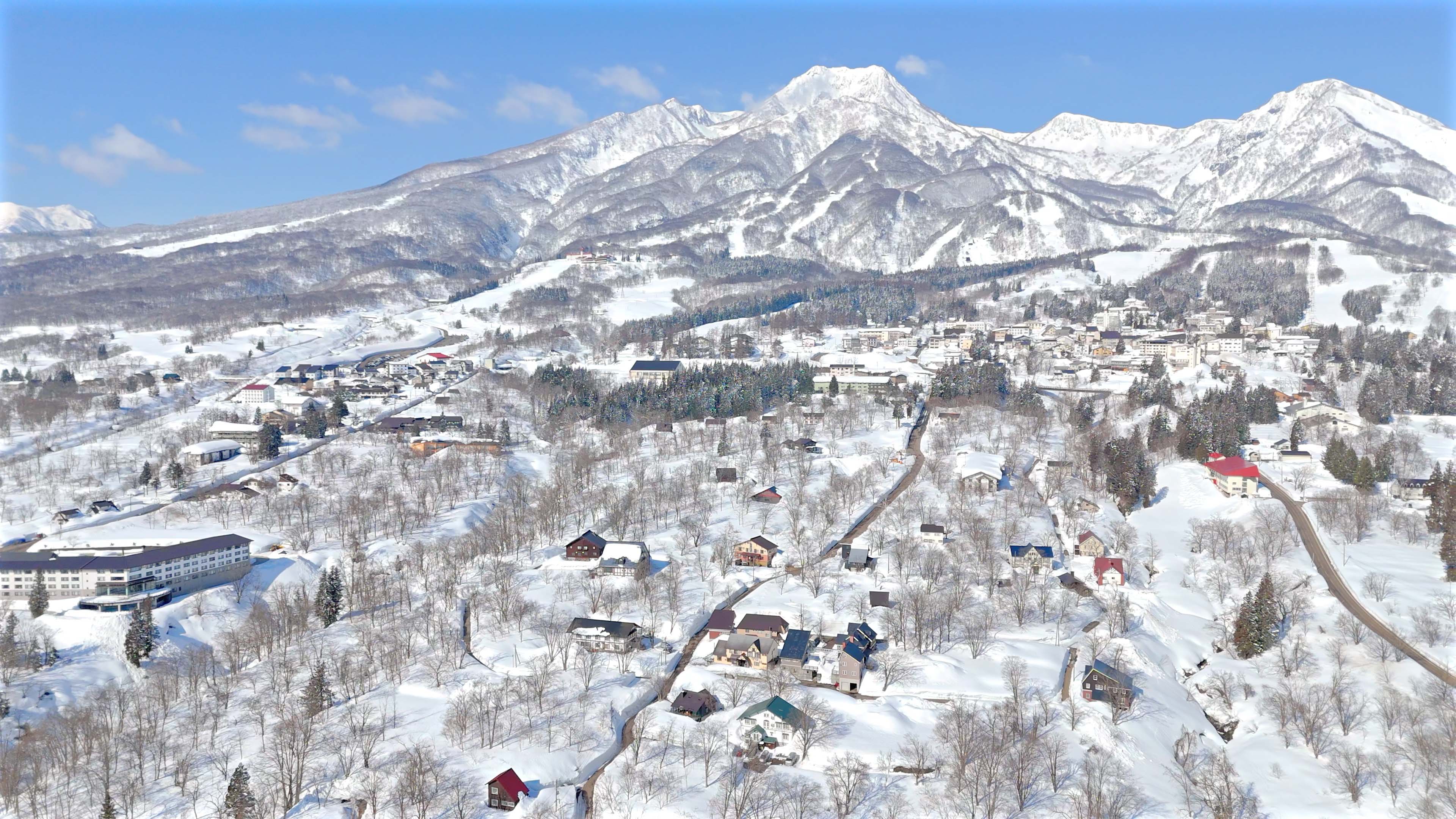 Aerial view of Myoko Kogen with Mt Myoko in winter