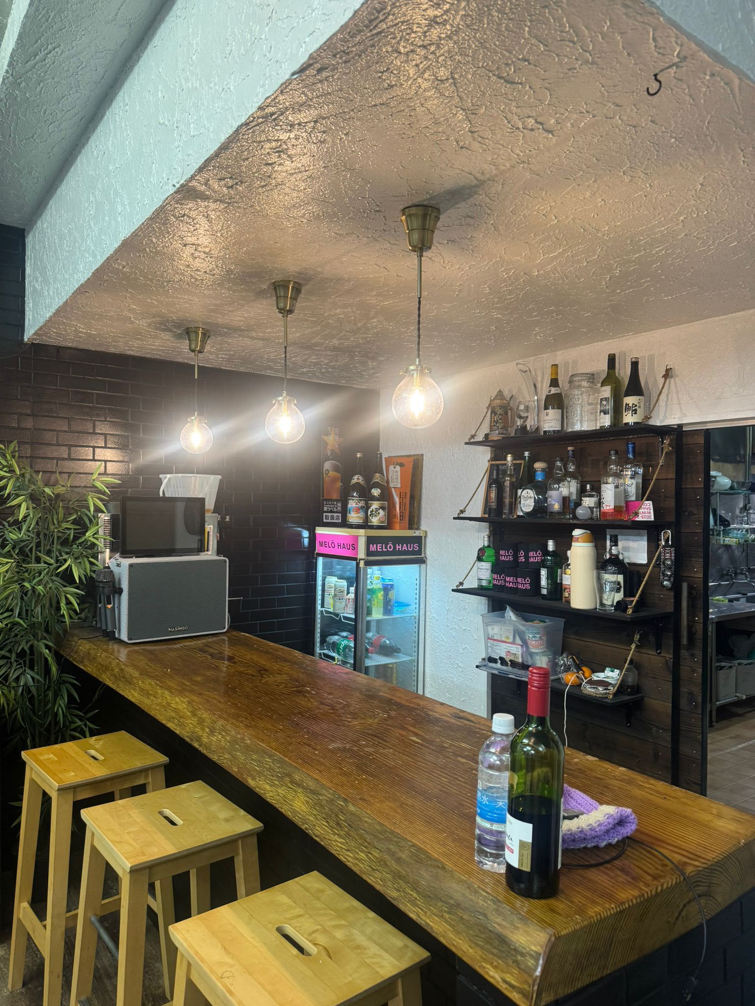 Bar with wooden counter, globe pendants, and Melo Haus fridges