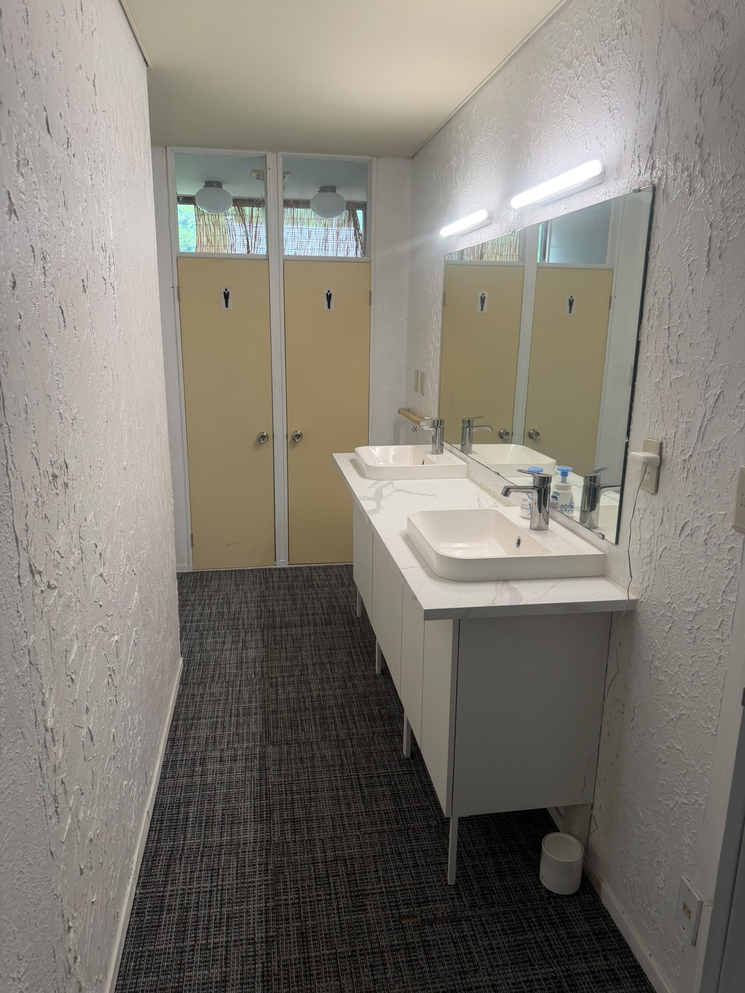 Bathroom vanity with dual sinks and large mirror